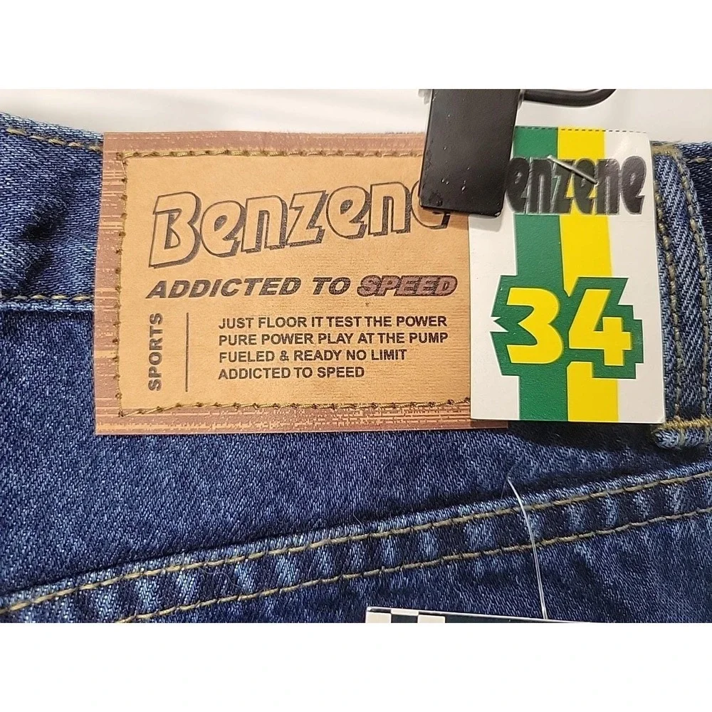 Benzene Sports Jeans Mens 34 Blue Denim Addicted To Speed NWT Vintage Y2K